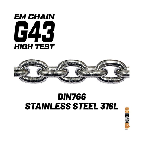 EM Chain Stainless Steel 316L G43 High Test DIN 766 Windlass / Anchor Chain